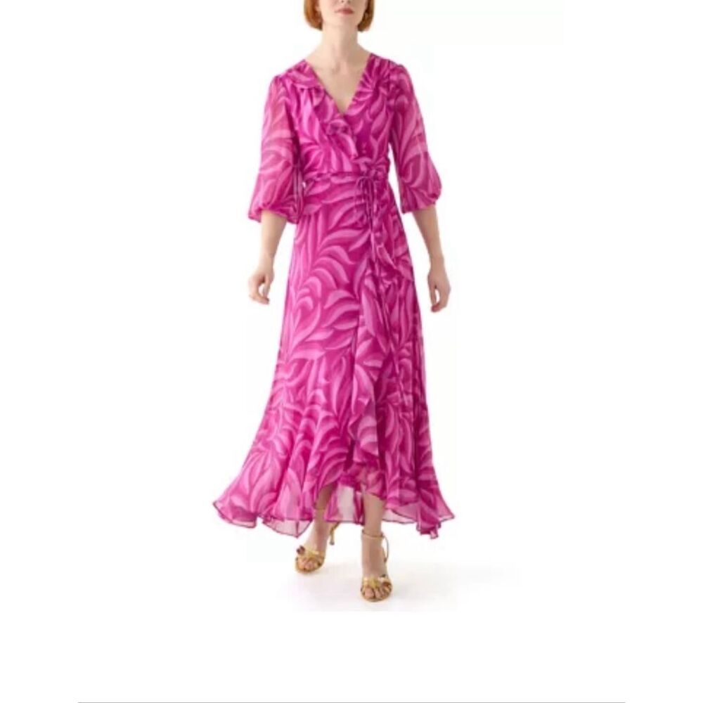Barbiecore Pink Abstract Floral Maxi Sheer Sleeve Chiffon Wrap Ruffle Dress 12